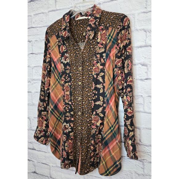 Soft Surroundings small boho animal print, floral, plaid button up blouse. - Picture 3 of 9